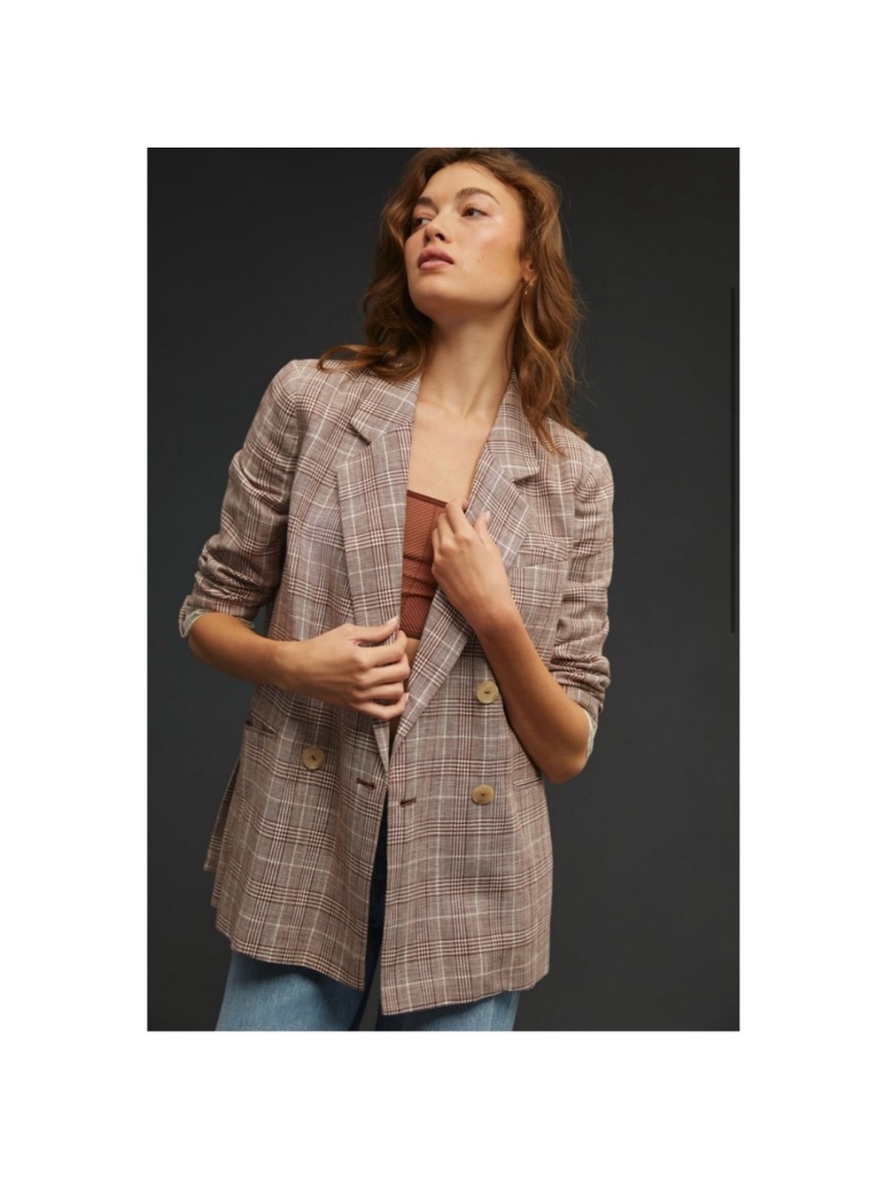 Maeve by Anthropologie Plaid Double-Breasted Blazer - Taupe/Beige size 6